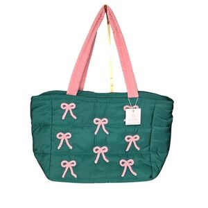 STYLINE Green Pink Bow Quilted Puffer Tote Bag Coquette Preppy NWT